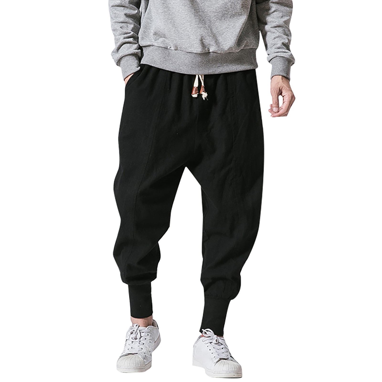 thumbnail image 2 of Pantalones de algodón y lino con entrepierna baja para hombre: cintura elástica, pantalones informales para todas las estaciones, tallas M-XXXL, 2 of 8